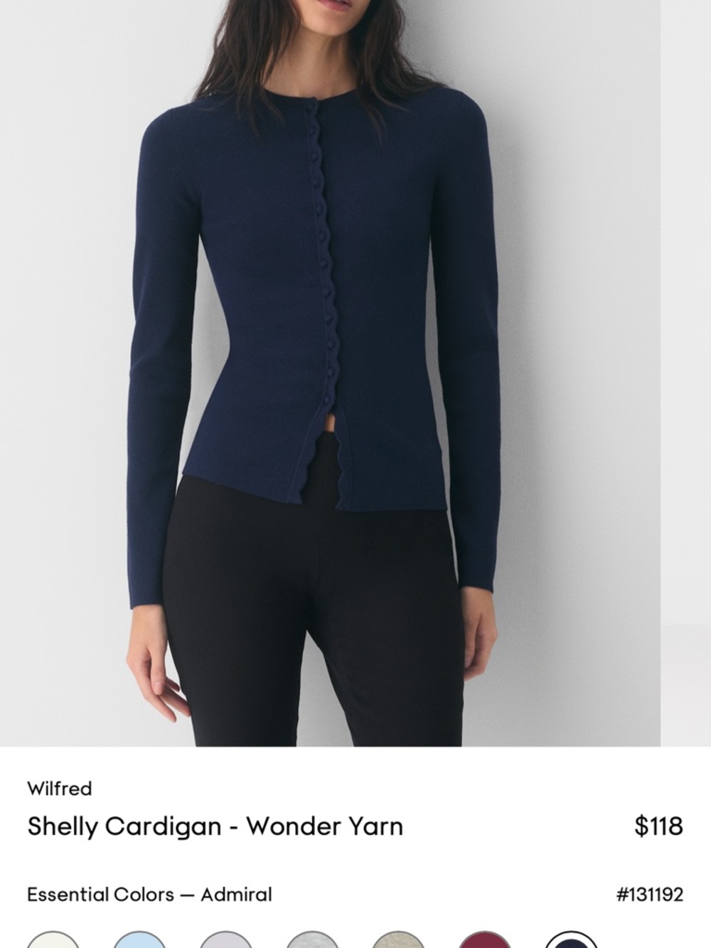Wilfred Navy Scallop-Edge Cardigan (Aritzia)